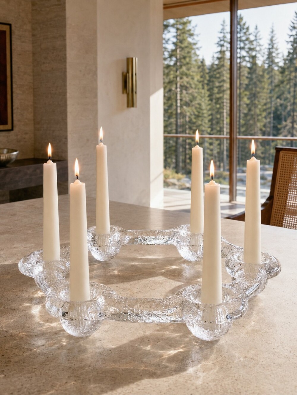1970s Pukeberg Uno Westerberg Swedish Ice Glass 6 Candle Ring MCM